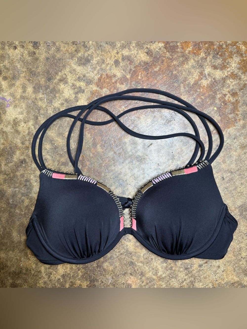 Victoria’s Secret Black Pink/Gold Bead Trim Tassels Ties Padded Swim Top Sz 34A